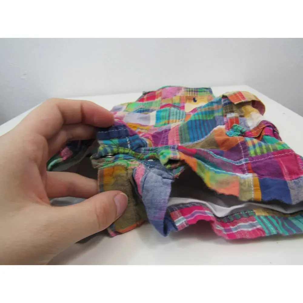 Ralph Lauren 9M Baby Boy Cotton Madras Overall Patchwork Unisex Bibs Rainbow